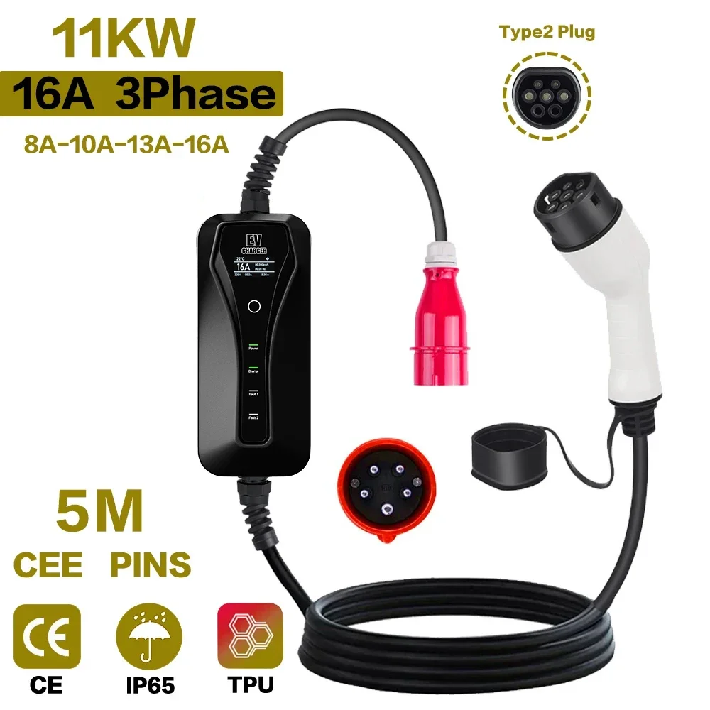 Type 2 Portable Ev Charger 11Kw Cee - 11KW 16A Portable EV Charger Type2