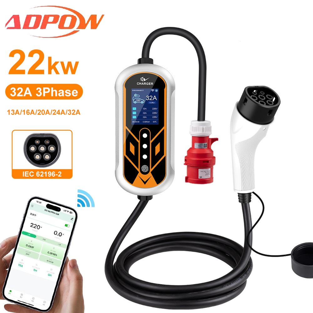 ADPOW Portable 32A Type2 EV Ch - огляд і ціна Ev Charger Type 2 22Kw 32A 3 Phase